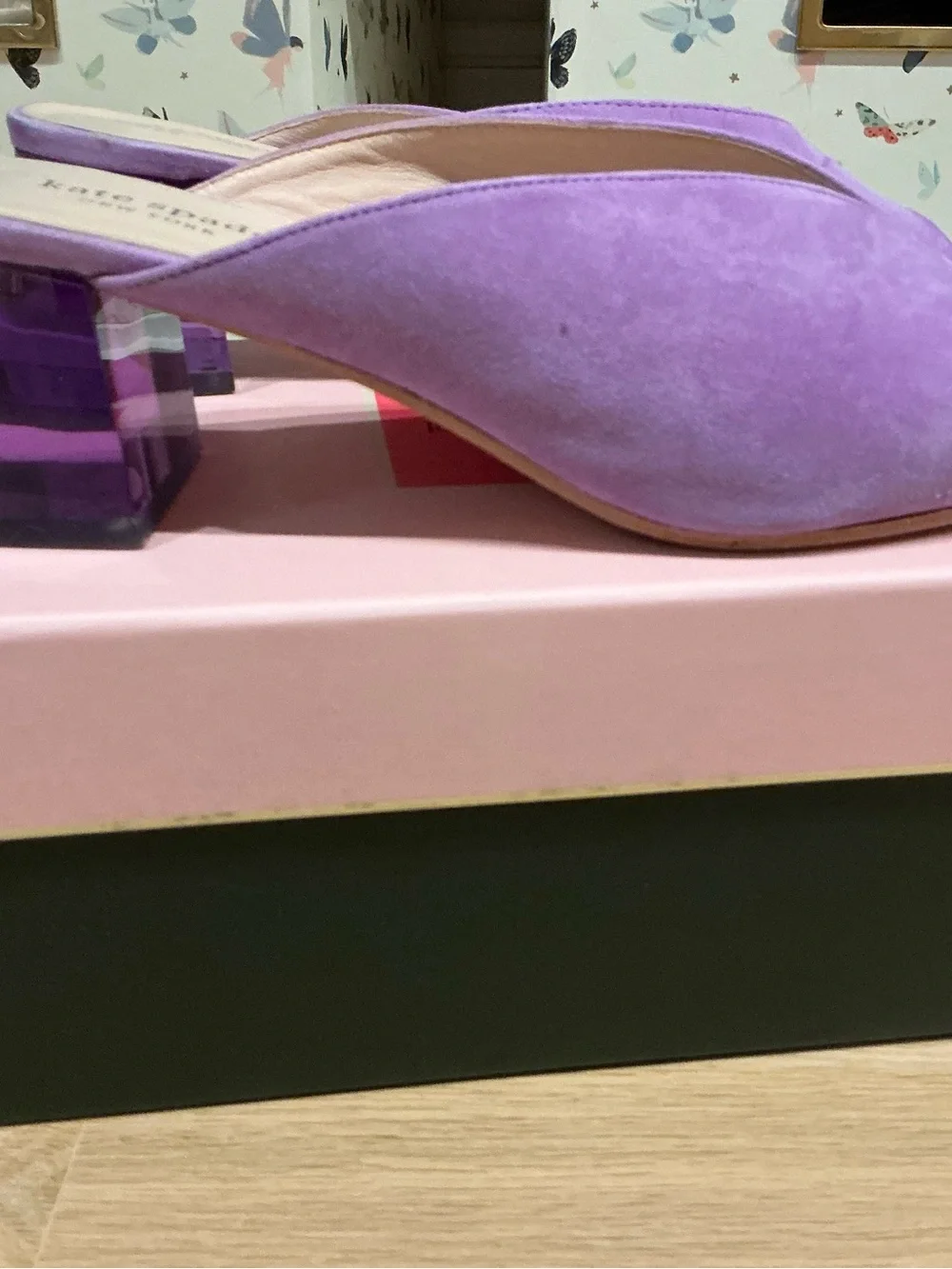 kate spade lilac suede open-toe slingback mules with lucite block heel
